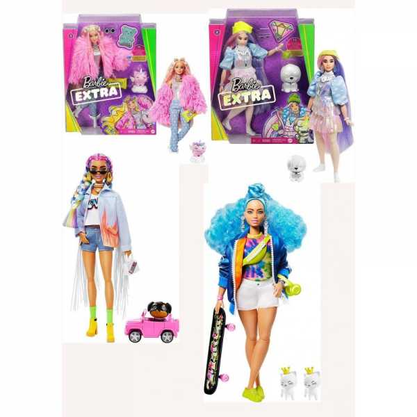 Barbie Extra Bambola Curvy Con Capelli Ricci Azzurri, Cucciolo E Accessori Alla Moda, Giocattolo Per Bambini 3+Anni,GRN30
