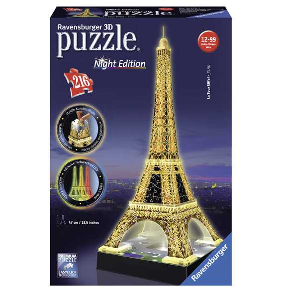 Ravensburger 12579 Puzzle 3D Torre Eiffel, Edizione Speciale Notte Con LED, 216 Pezzi, Età Consigliata 10+, Puzzle Ravensburger Alta Qualità